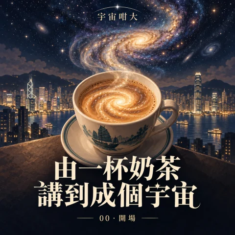 一杯港式奶茶化成金色星系，蒸氣連住維港夜色。